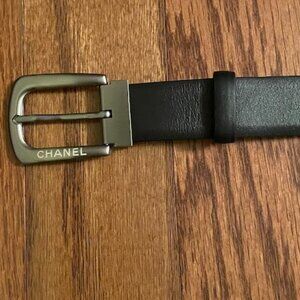 CHANEL Black Leather Belt with Silver Buckle